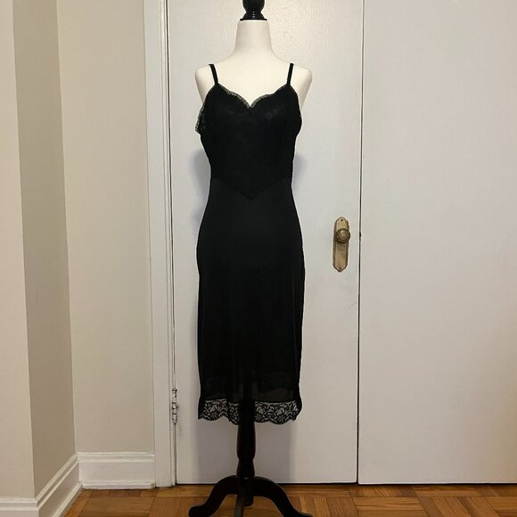 Vintage 1960s Black Slip with Lace Top and Bottom, Size Medium - Picture 1 of 7